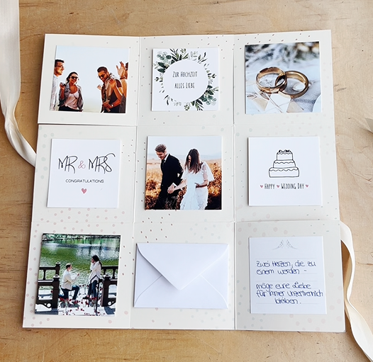 Geschenkbox mit Fotos und Sprüchekärtchen für einzigartige Hochzeitsgeschenke